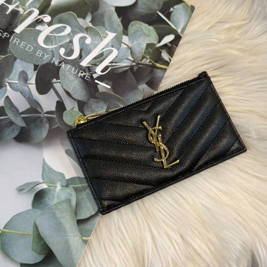 YSL V字縫線金屬LOGO魚子醬拉鍊 卡夾 零錢包-0
