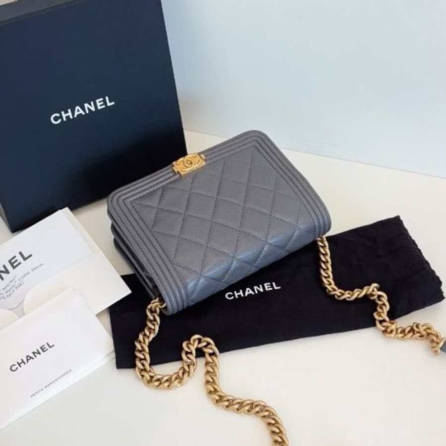 近新品 香奈兒/Chanel 灰色金扣荔枝皮leboy WOC鏈條包 芯片款-4