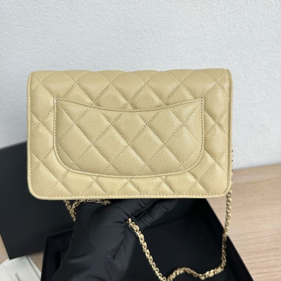 近新品 香奈兒/Chanel 芥末黃綠色金扣 荔枝皮菱格紋 WOC鏈條包-6