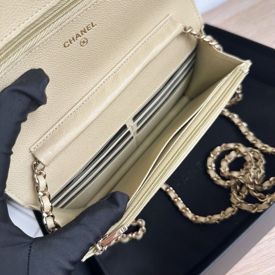 近新品 香奈兒/Chanel 芥末黃綠色金扣 荔枝皮菱格紋 WOC鏈條包-9