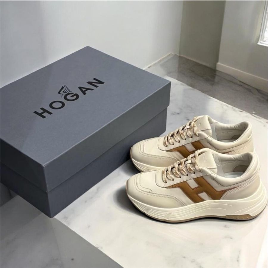 Hogan 女款 Hi-Fi 納帕皮革厚底雲朵運動鞋 白色焦糖色H/底高6.5公分 IT37/38/38.5/39/40-4