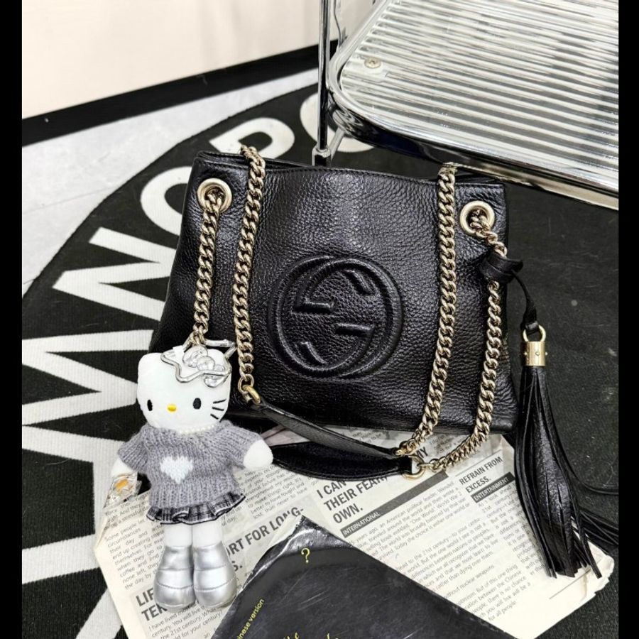 Gucci soho 黑色荔枝牛皮流蘇 肩背包 斜背包 小號-0