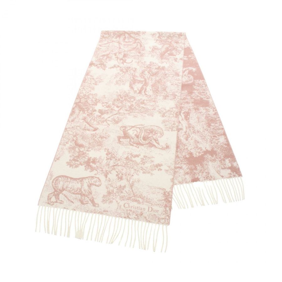 Dior Toile de Jouy Sauvage 羊毛羊絨圍巾 白色 粉紅色 二手 女士-0
