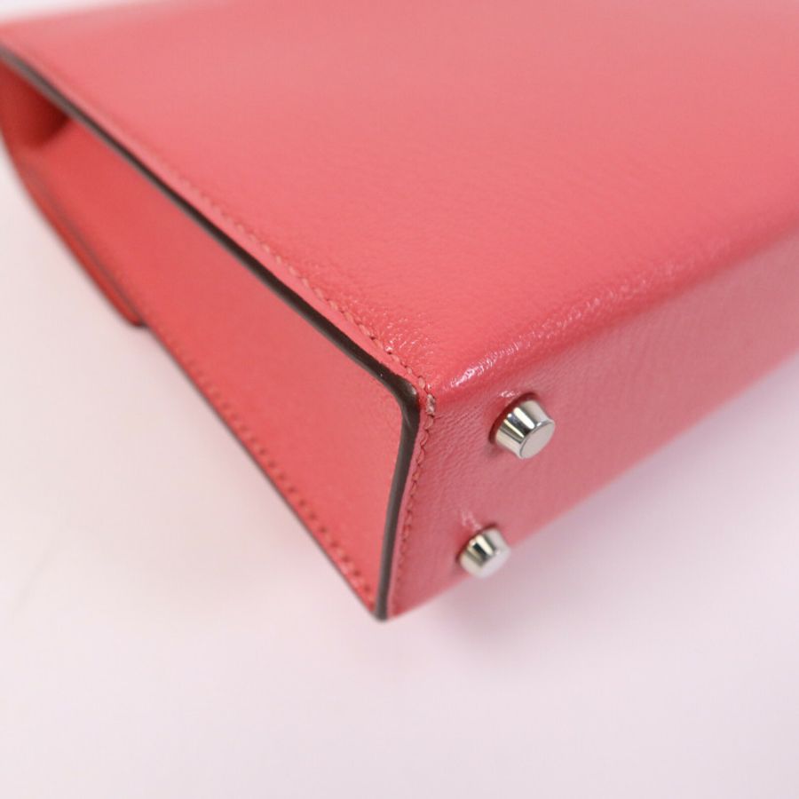 HERMES Chevre皮革Mini Verrou銀扣鏈帶肩背袋Rose Azalee-7