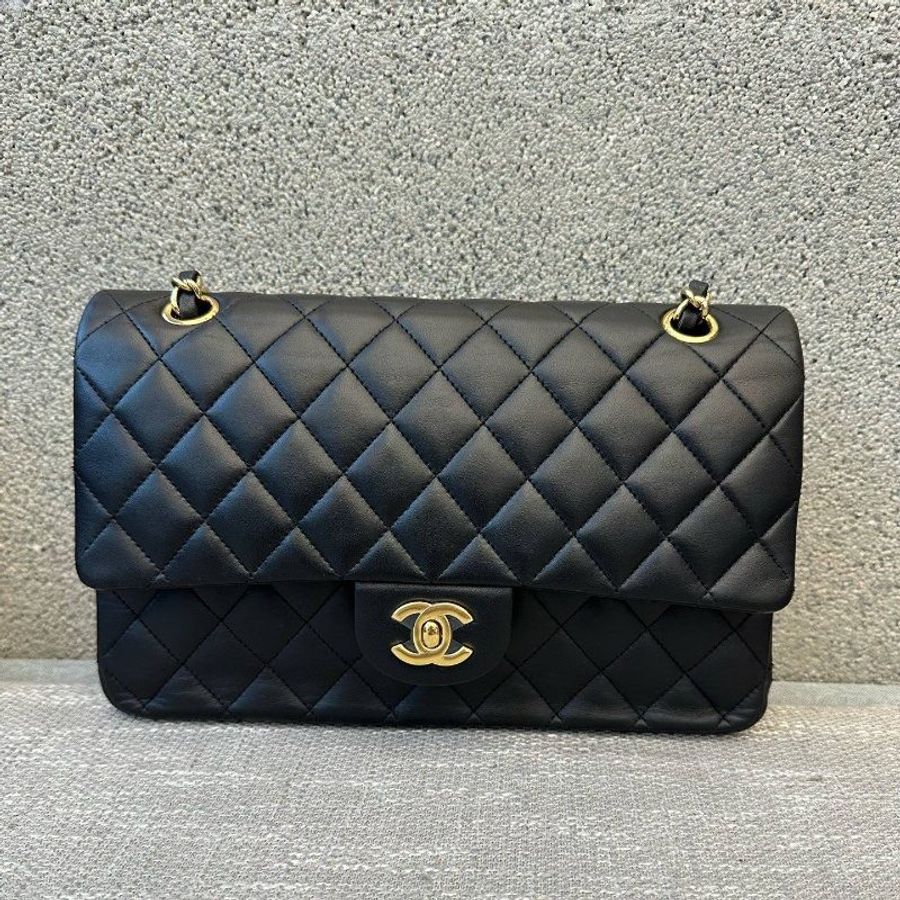 近新品 香奈兒/Chanel CF繫列中號黑金羊皮菱格紋鏈條包-6