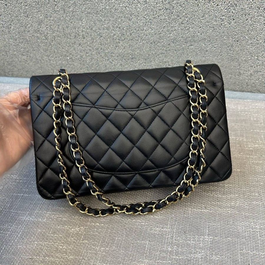近新品 香奈兒/Chanel CF繫列中號黑金羊皮菱格紋鏈條包-7