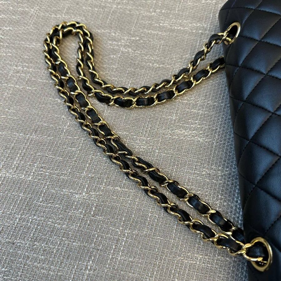近新品 香奈兒/Chanel CF繫列中號黑金羊皮菱格紋鏈條包-13