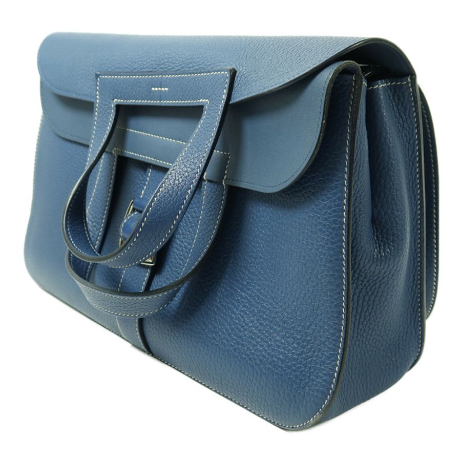 HERMES Clemence皮革Halzan 31銀扣手挽肩背兩用袋Bleu Agate-2