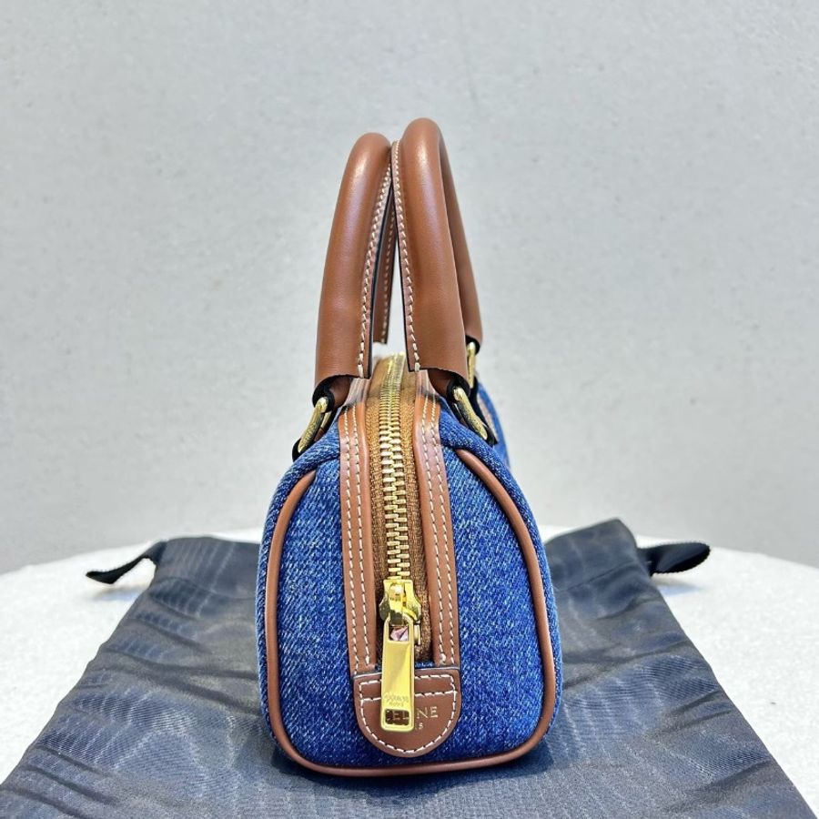CELINE 牛仔波士頓包肩背斜背手提包 迷你 牛仔藍 14*7.5*9.5 全新配件塵袋肩帶-6