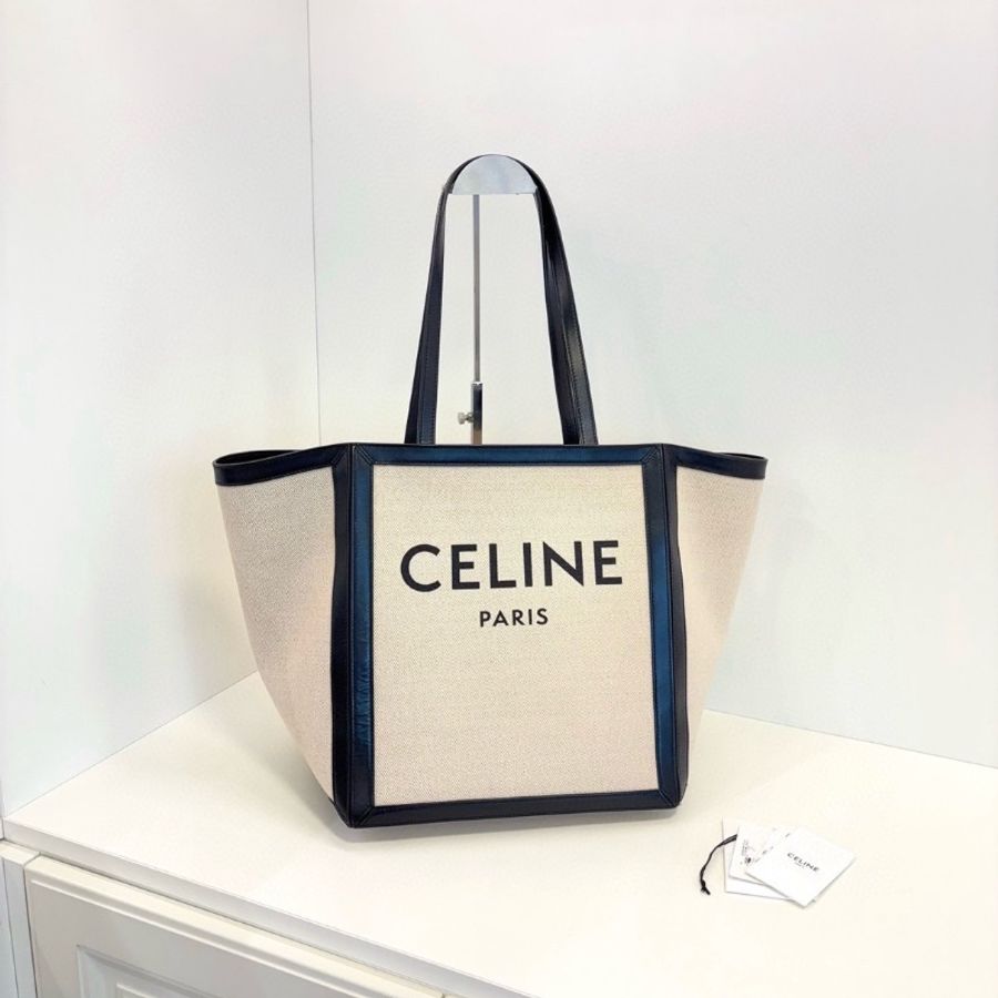 Celine 香草色帆布拼黑皮蝙蝠大tote托特包/沙灘包 30*30*25 全新閒置配件塵袋-3