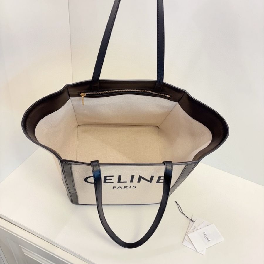 Celine 香草色帆布拼黑皮蝙蝠大tote托特包/沙灘包 30*30*25 全新閒置配件塵袋-4