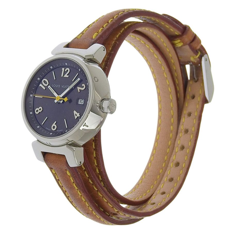 路易威登 Tambour Q1211 女士腕錶,不鏽鋼和皮革錶帶,石英機芯,指針式顯示,黑色錶盤-1