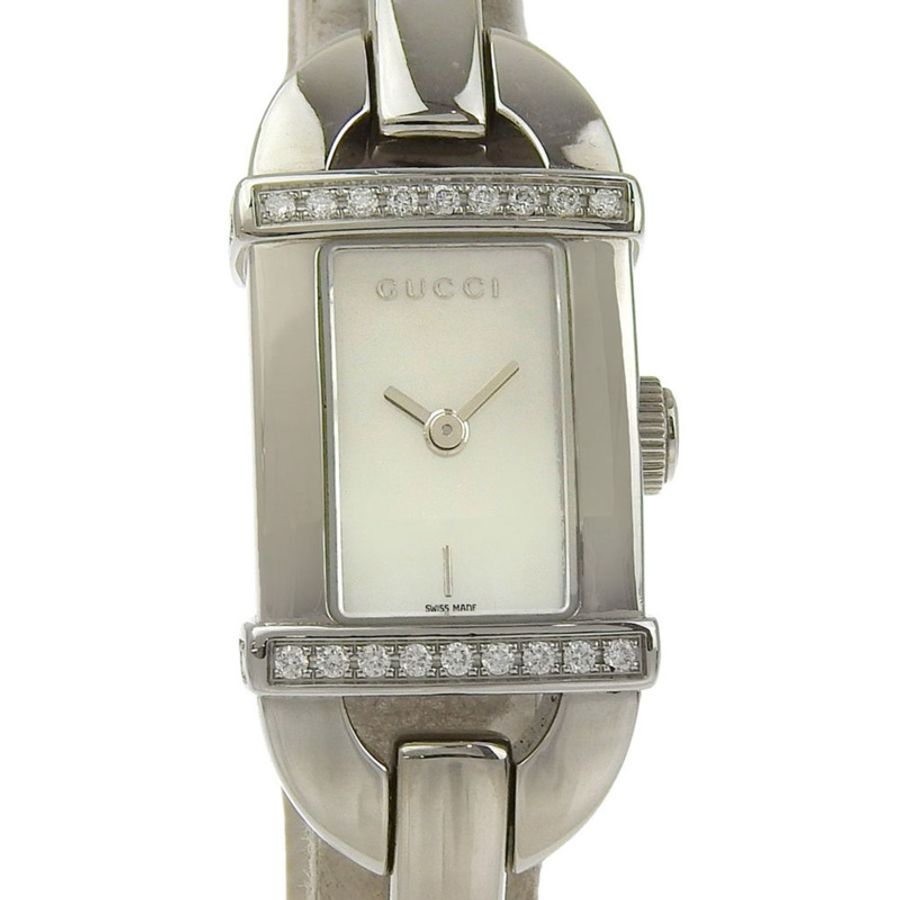 Gucci 6800L 女士不鏽鋼鑲鑽石英腕錶,白色錶盤,指針式顯示-0