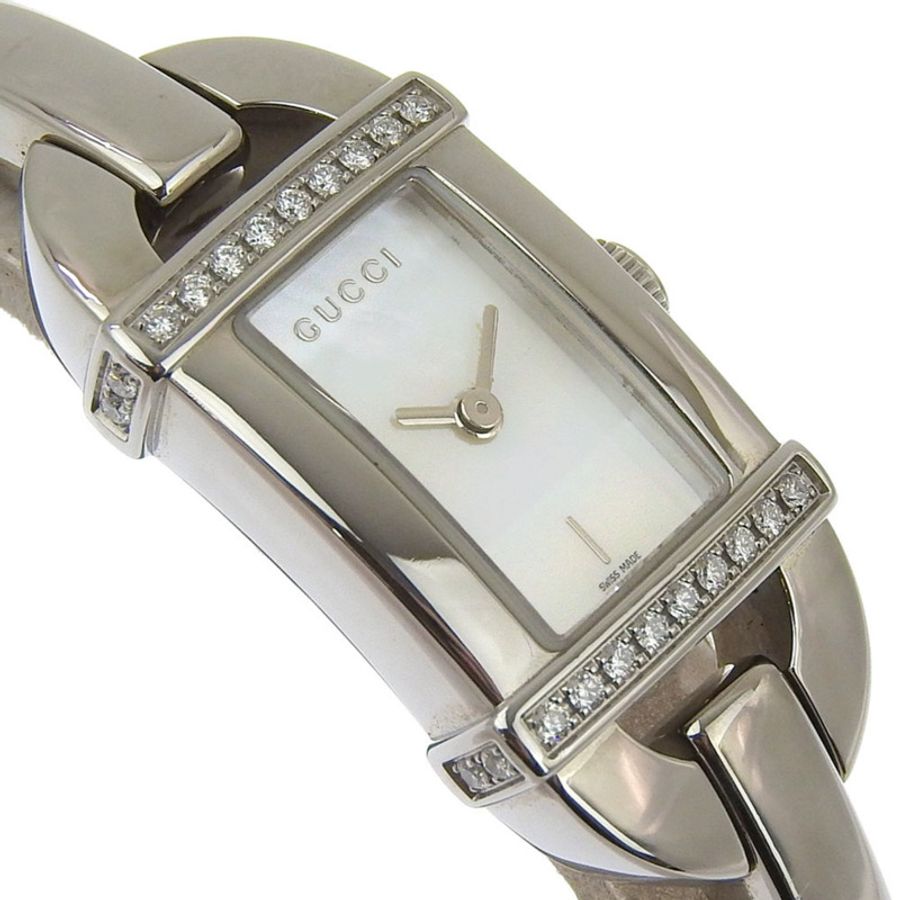 Gucci 6800L 女士不鏽鋼鑲鑽石英腕錶,白色錶盤,指針式顯示-2