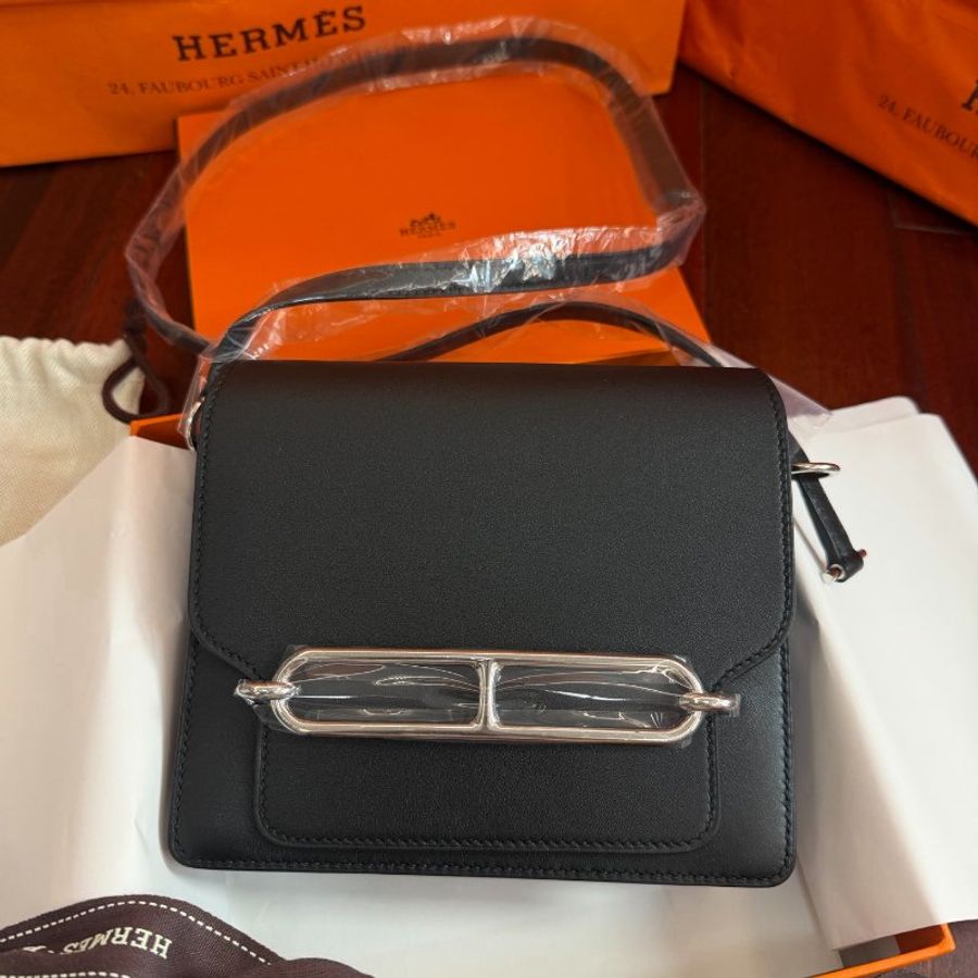 全新品 愛馬仕/Hermès Roulis Mini豬鼻子19黑色銀扣 B刻肩背包-0