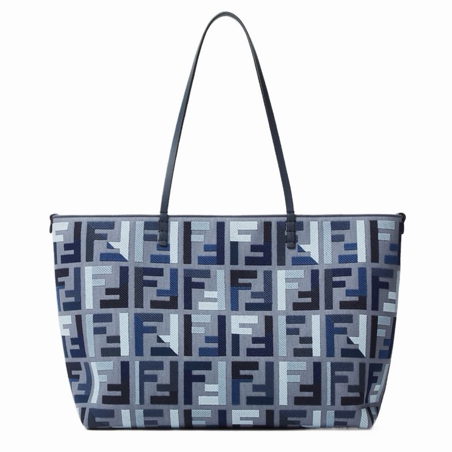 Fendi 女士 Roll FF 刺繡藍色帆布購物袋均碼碼35cm*19.5cm*32cm-0