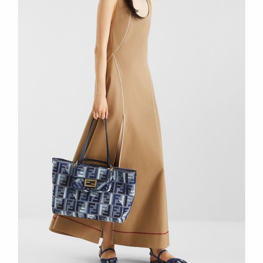 Fendi 女士 Roll FF 刺繡藍色帆布購物袋均碼碼35cm*19.5cm*32cm-3