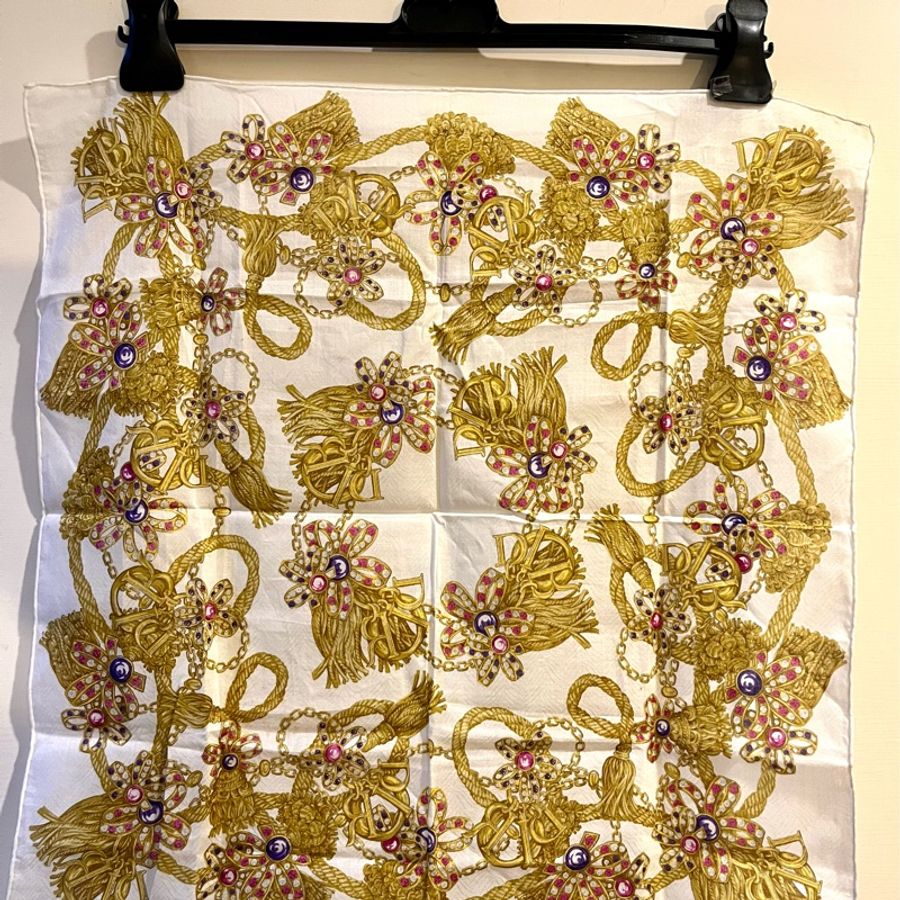 中古vantage DIOR金色流蘇寶石圖騰50x50絲巾方巾-2