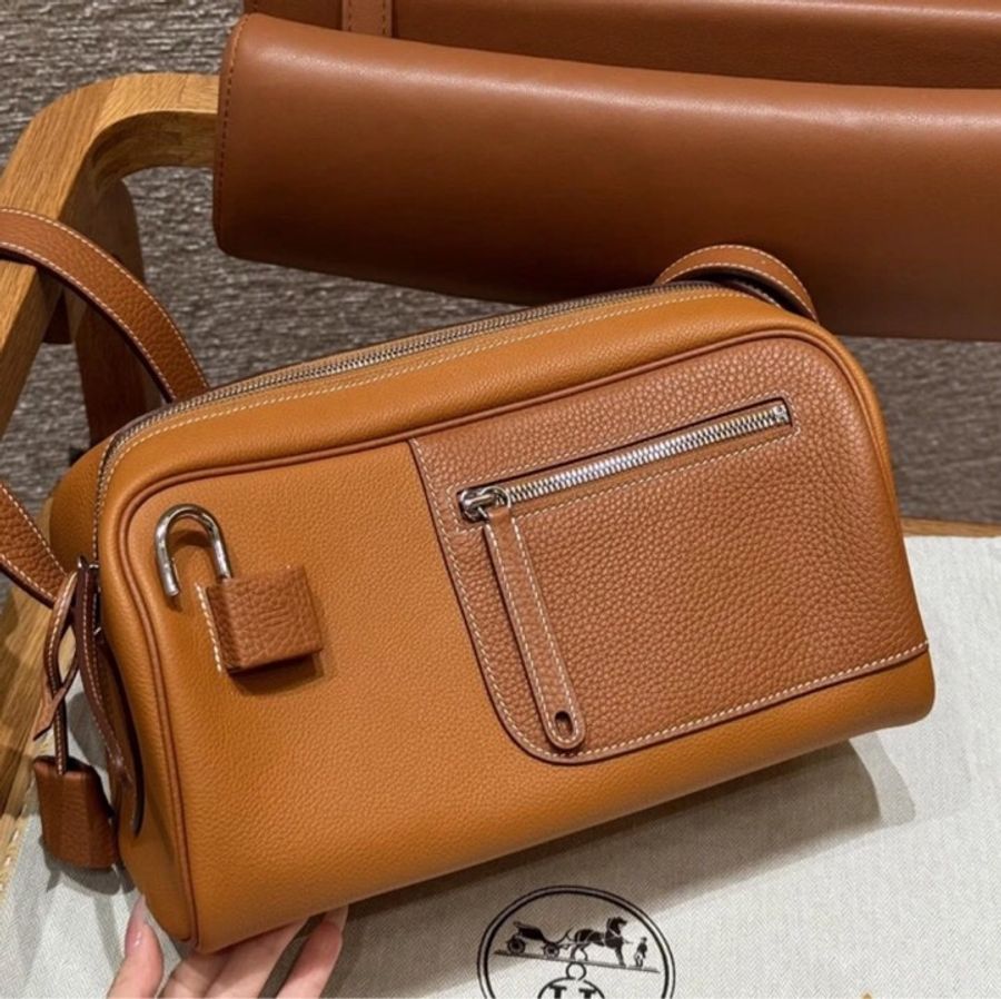 HERMES petit courtier 全新全配含購證稀有包包購於專櫃愛馬仕限量包皮拼CLEMENCE皮 37金棕 銀扣 肩背包2024年新款愛馬仕包 珍藏版限量購於專櫃金粽色-1