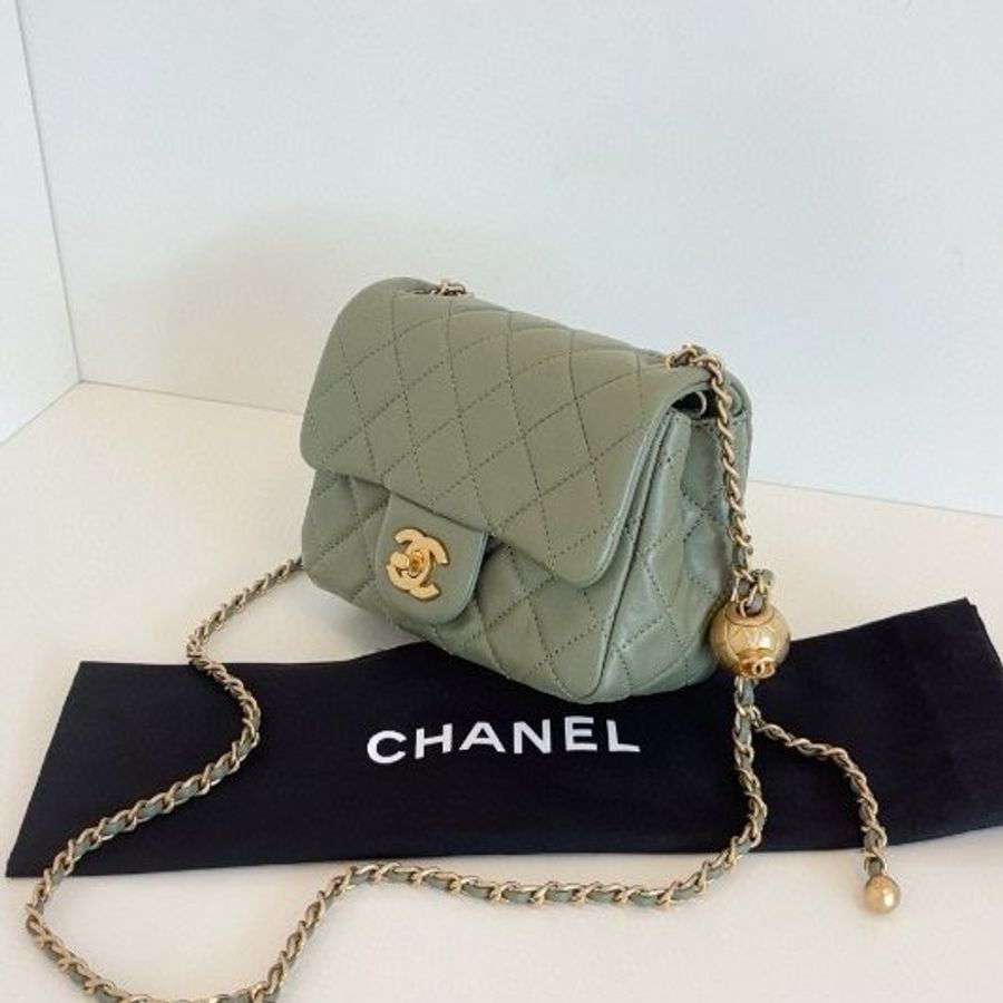 閒置新 香奈兒/Chanel 抹茶綠CF金球金珠方胖子鏈條包 芯片款-2