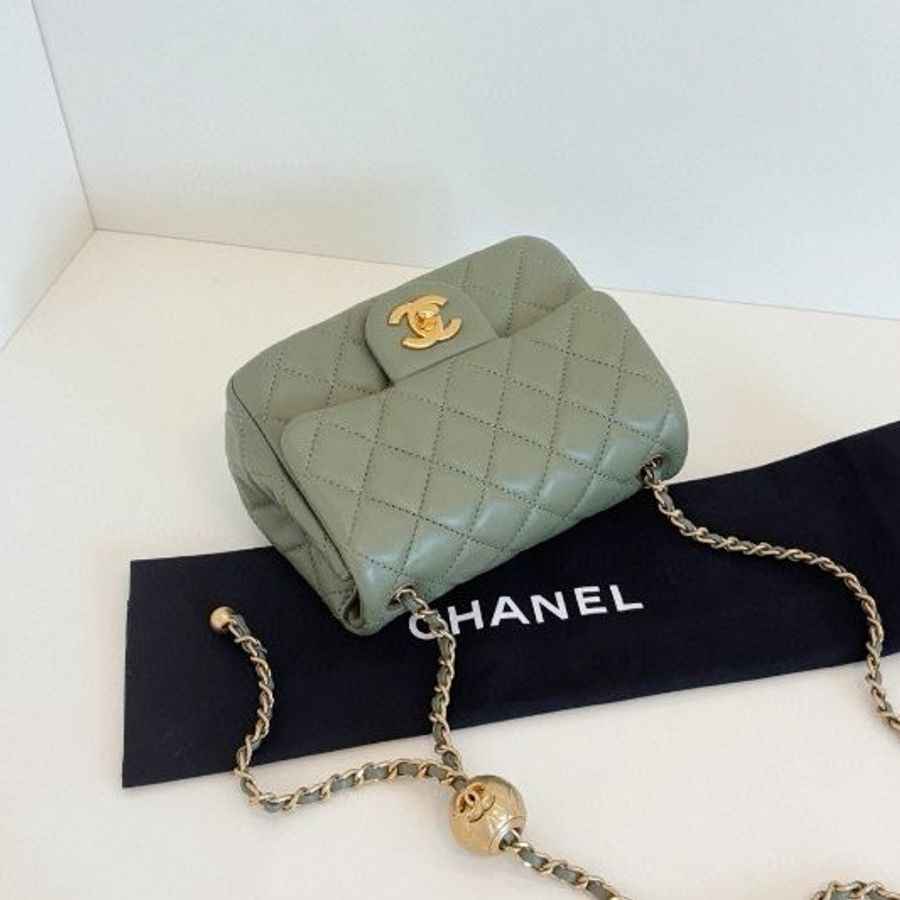 閒置新 香奈兒/Chanel 抹茶綠CF金球金珠方胖子鏈條包 芯片款-3