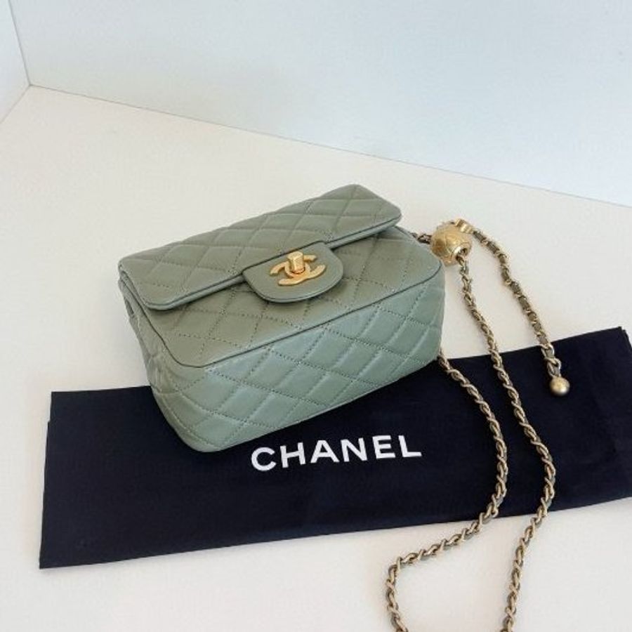 閒置新 香奈兒/Chanel 抹茶綠CF金球金珠方胖子鏈條包 芯片款-7