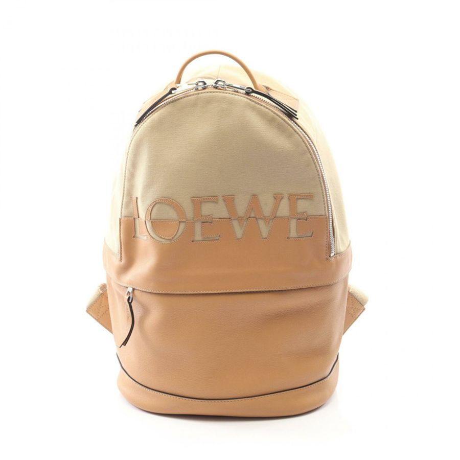 LOEWE 圓形雙肩包 B314278X01 帆布皮革 米色 二手 女士 logo-0