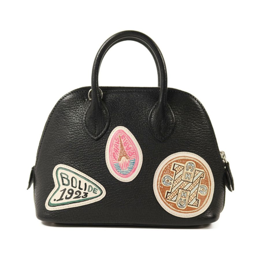 HERMES Chevre皮革Mini Bolide銀扣手挽肩背兩用袋Noir-1