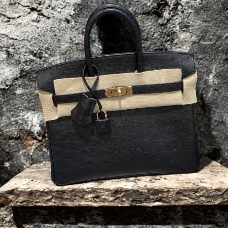 【極美天菜】HERMES 25CM 黑金 鴕鳥皮 BIRKIN 全新商品-0