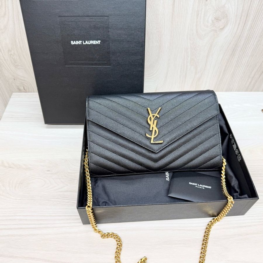 YSL黑金荔紋牛皮V型紋下蓋20卡WOC鏈條包 377828-1