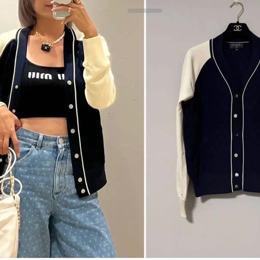 Chanel 18 Pre-Spring Collection) 拼色 V 領開襟衫外套 (棒球外套)-1