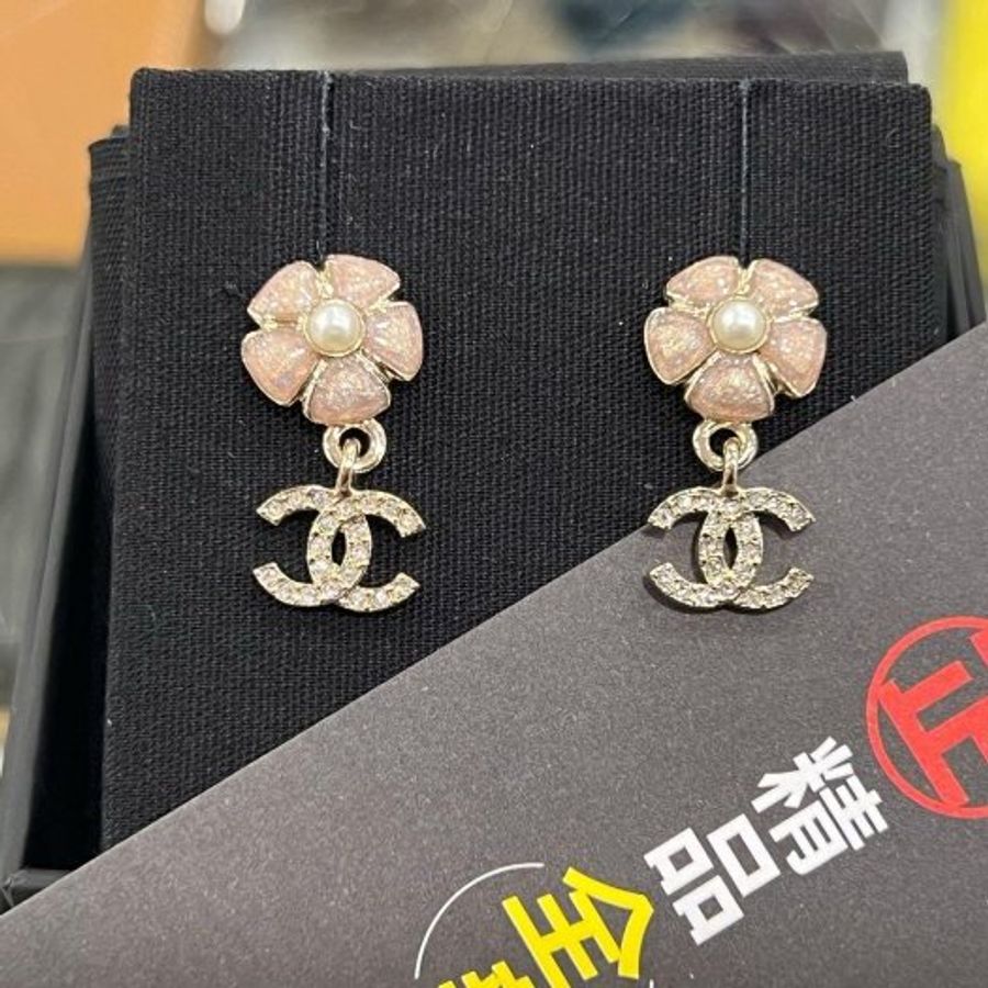 東區正精品㊣CHANEL ABG900 全新香奈兒粉色小花金色雙C珍珠吊墜耳環 RZ6246-0