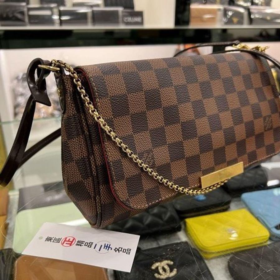 東區正精品㊣LV N41129 Favorite MM 咖啡色棋盤格金鍊翻蓋手提肩背斜背包 RZ6235-1