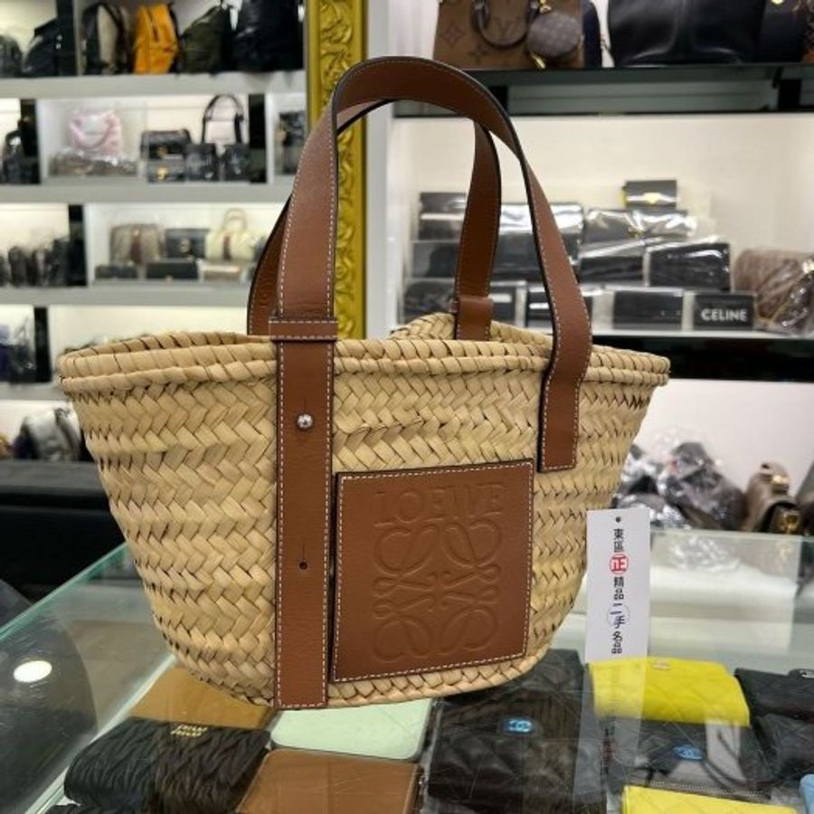 東區正精品㊣LOEWE Basket Natural Tan 咖啡皮革草編編織手提包沙灘包 RZ6242-0