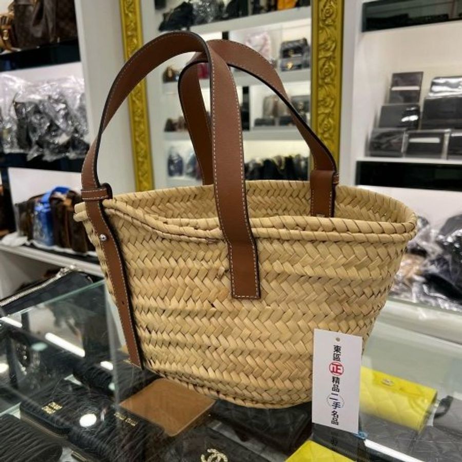 東區正精品㊣LOEWE Basket Natural Tan 咖啡皮革草編編織手提包沙灘包 RZ6242-6