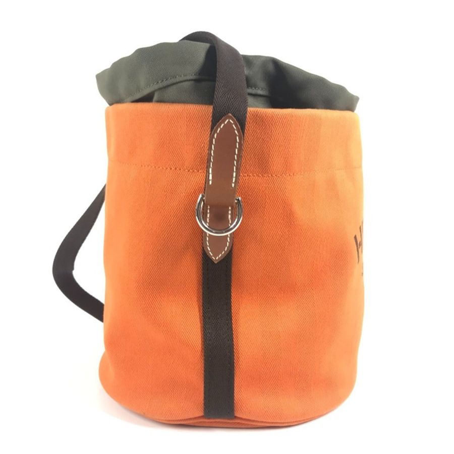 愛馬仕 Sac de Pansage 水桶形斜背包,帶小袋,棉質肩帶,男女通用,橙色-2