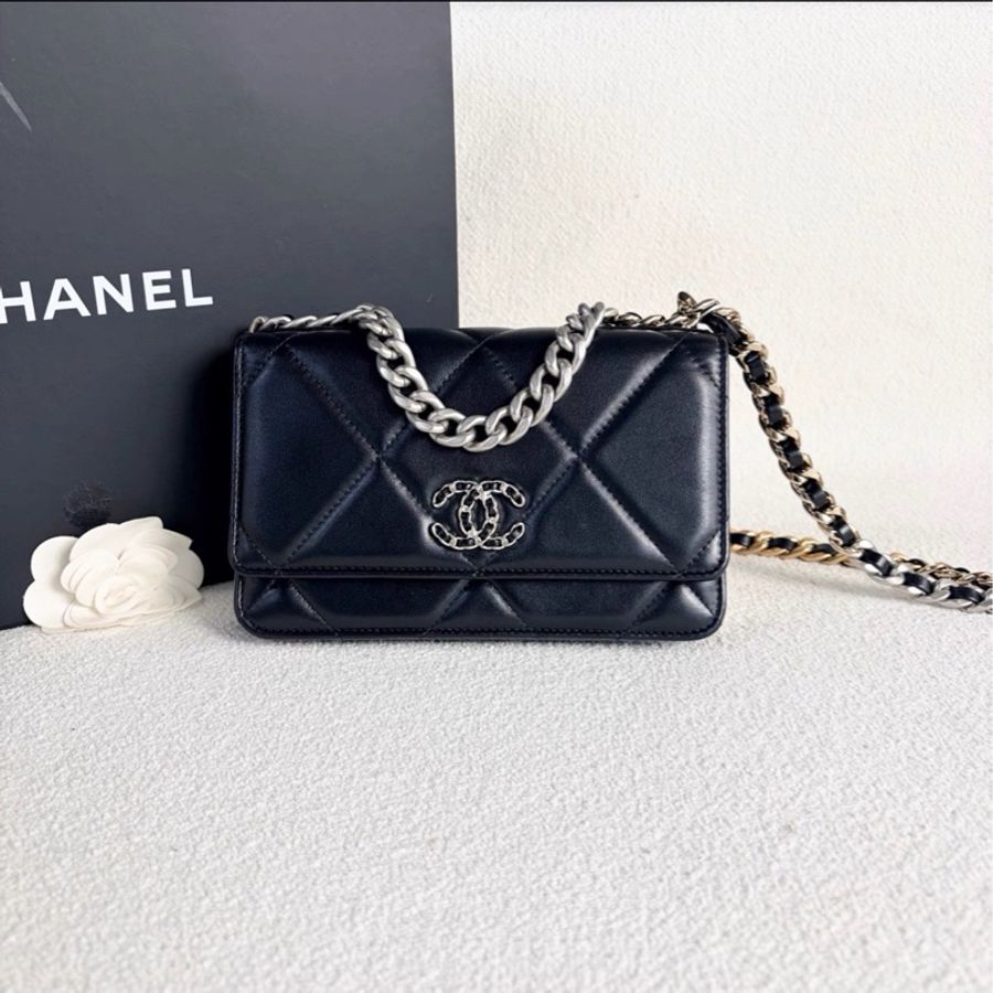最美woc😍超低價99新🆕Chanel香奈兒黑銀全皮19bag woc單肩斜挎手提包-11
