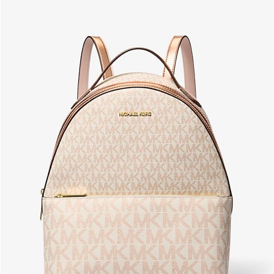 【Michael Kors】專櫃經典款 Sheila 滿版LOGO拉鍊後背包-櫻花粉/中-0