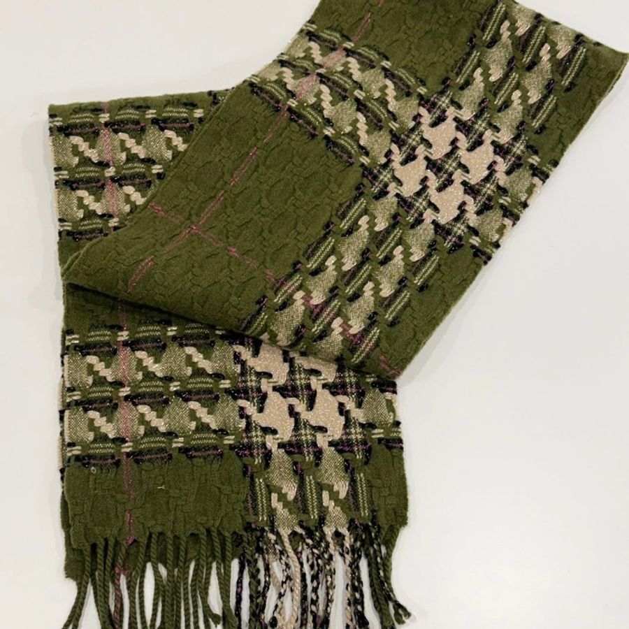 BURBERRY 倫敦 黑標稀少款千鳥格紋綠色毛料圍巾-6