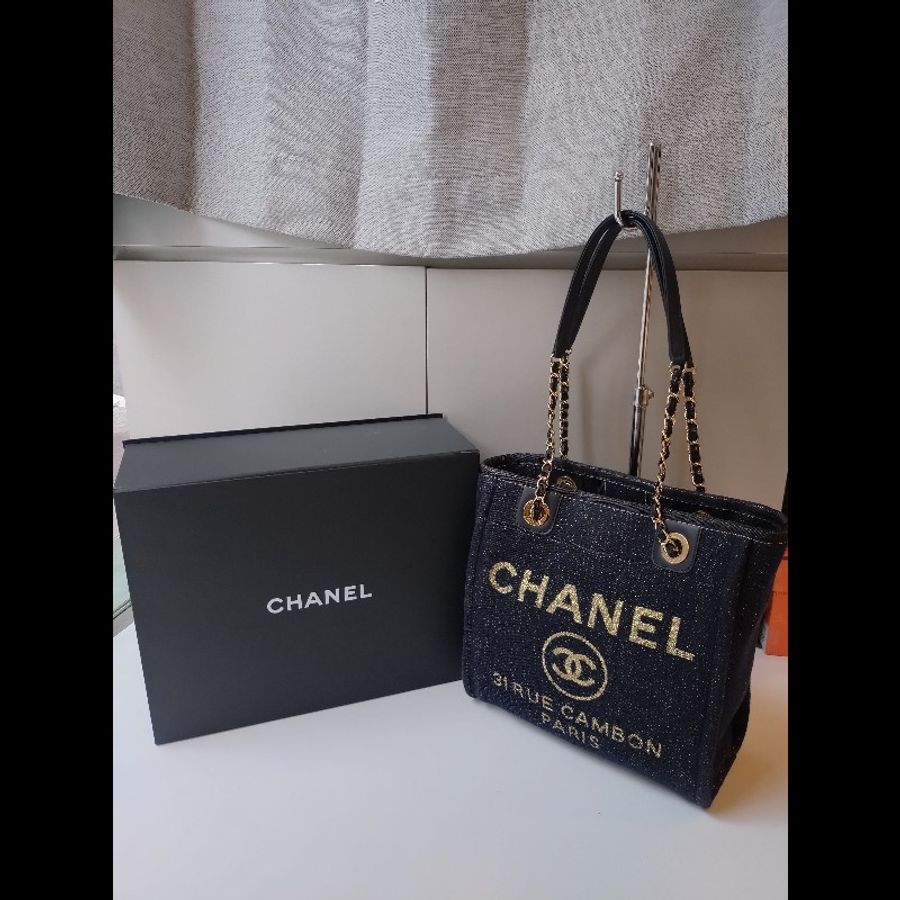 Chanel 深藍布金色字母小號購物包 tote-0