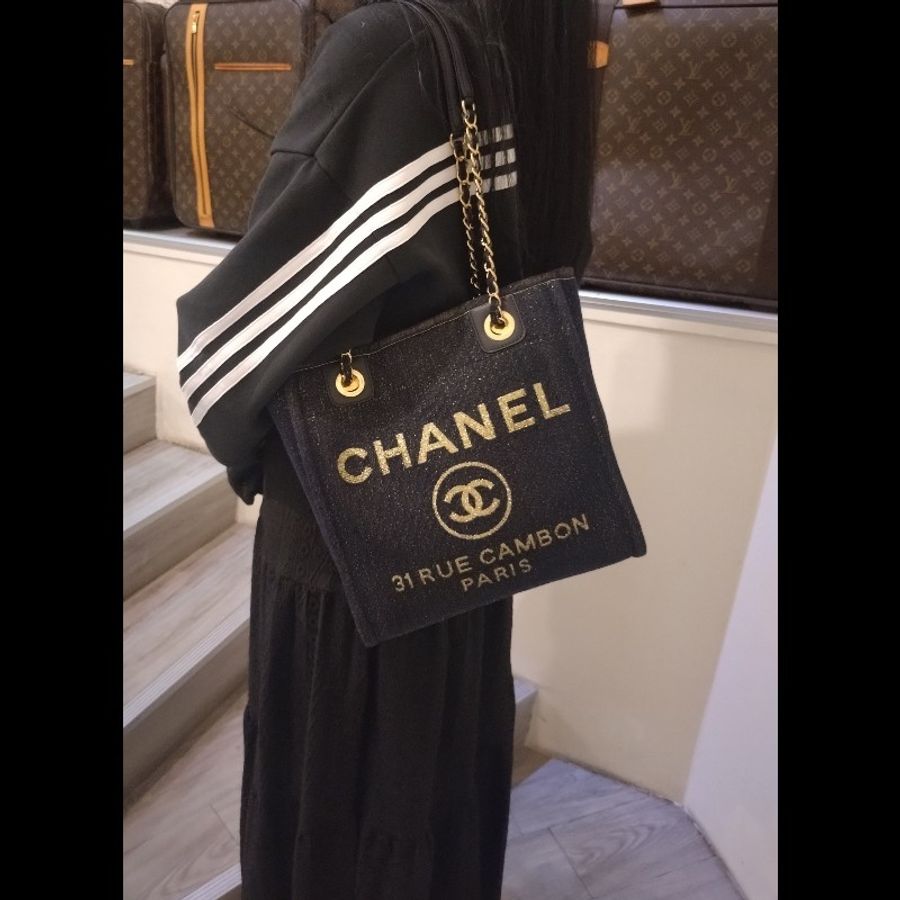 Chanel 深藍布金色字母小號購物包 tote-1