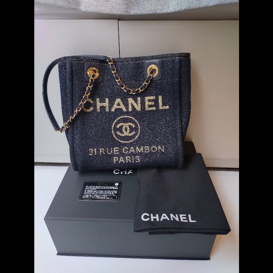 Chanel 深藍布金色字母小號購物包 tote-3