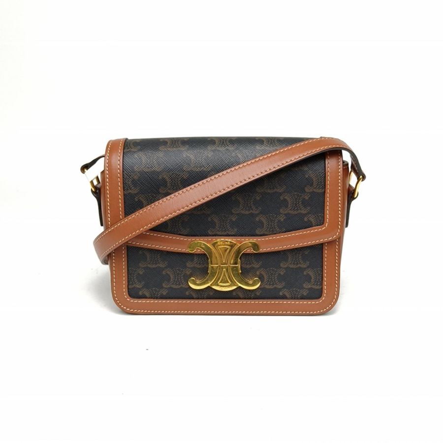 CELINE Triomphe凱旋門金屬鎖扣Teen18老花PVC金扣肩背包-0
