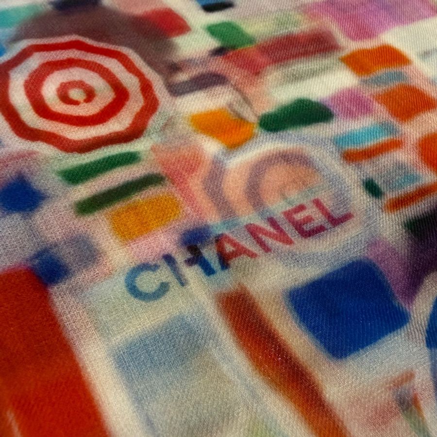 Chanel 紫白黃綠毛圖案克什米爾方巾-1