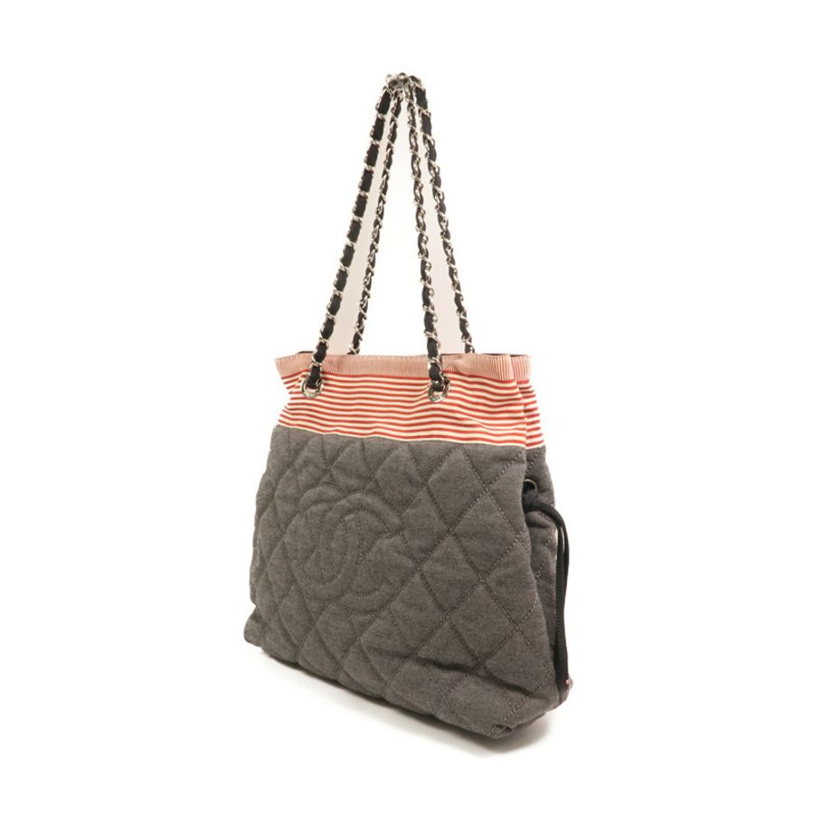 CHANEL 牛仔布/帆布Totebag銀扣鏈帶肩背袋-2
