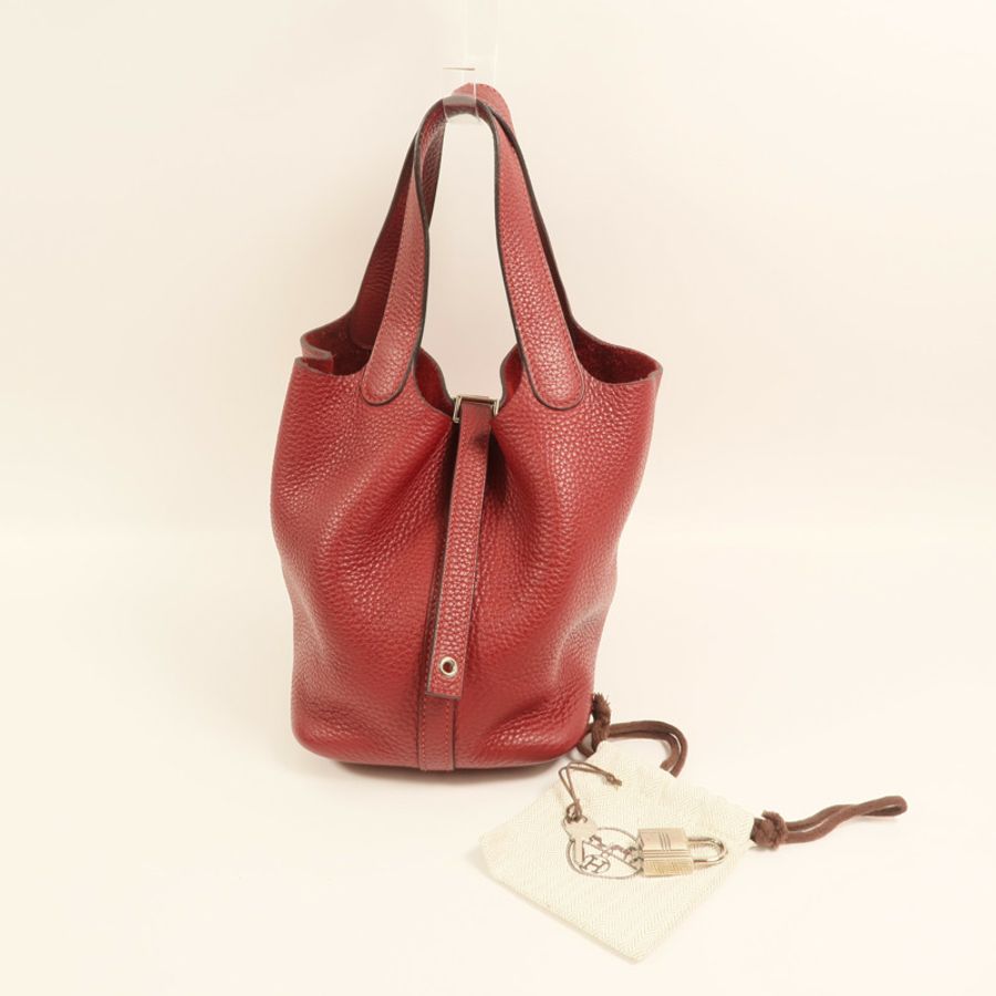 HERMES Clemence皮革Picotin PM銀扣手挽袋Rouge Grenat-9