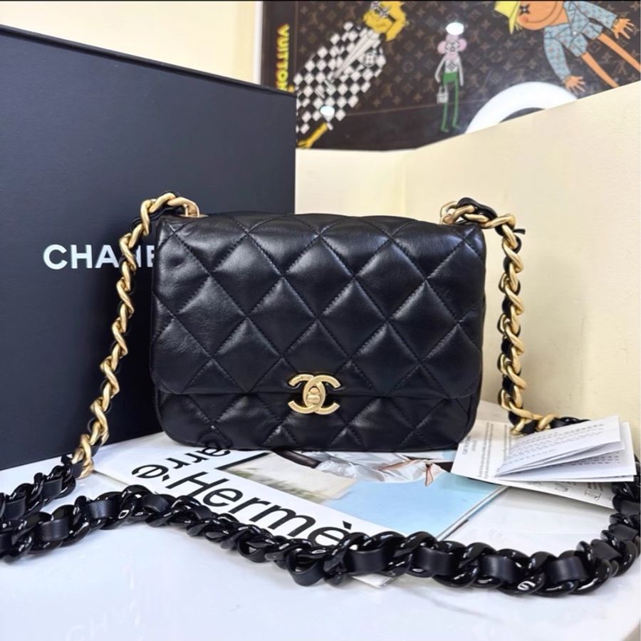 熱門火爆款❤️🔥99新😍Chanel香奈兒22s黑金鴛鴦鏈方胖子單肩斜挎包-4