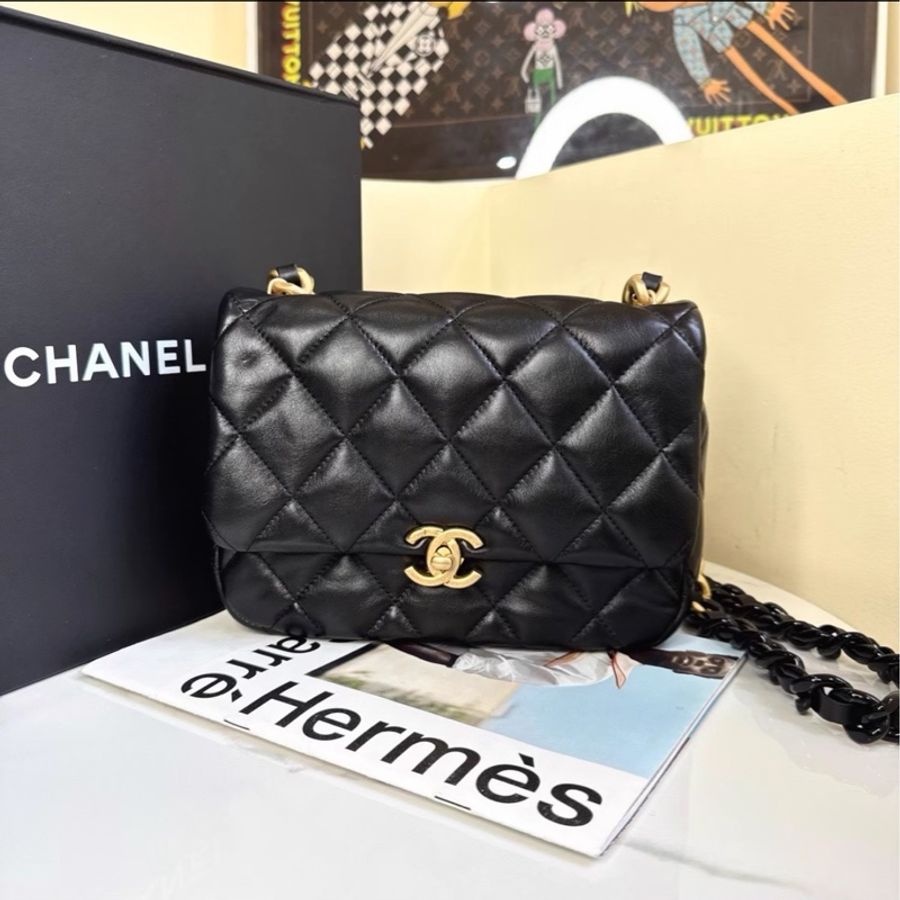 熱門火爆款❤️🔥99新😍Chanel香奈兒22s黑金鴛鴦鏈方胖子單肩斜挎包-5