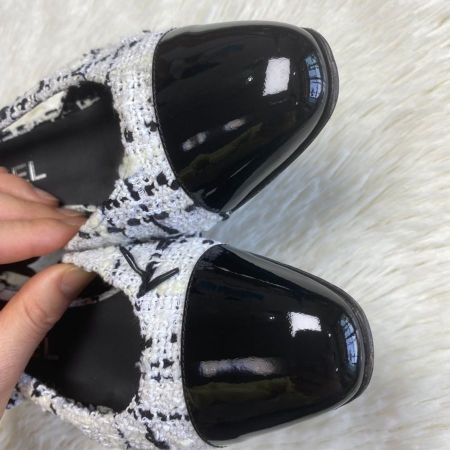 【經典黑白配🖤🤍永遠不過時】Chanel Slingback瑪麗珍鞋 黑白拼色粗呢 女士 高跟鞋後鞋|帶露跟單鞋|涼鞋-1