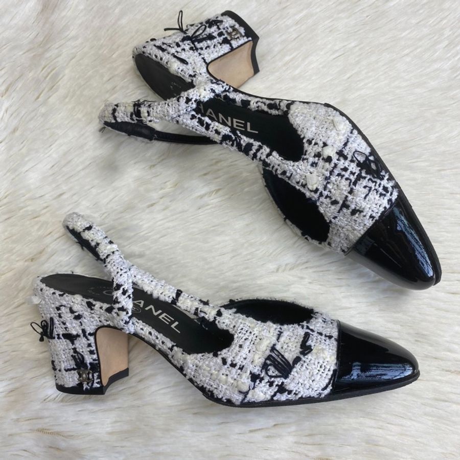 【經典黑白配🖤🤍永遠不過時】Chanel Slingback瑪麗珍鞋 黑白拼色粗呢 女士 高跟鞋後鞋|帶露跟單鞋|涼鞋-2